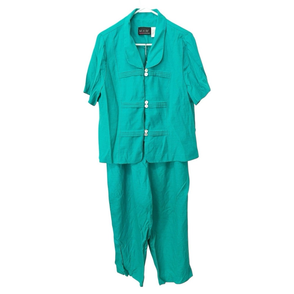 Melissa Harper 18 Teal‎ Green Pant Suit Set Vintage Pintuck Button Front Retro
